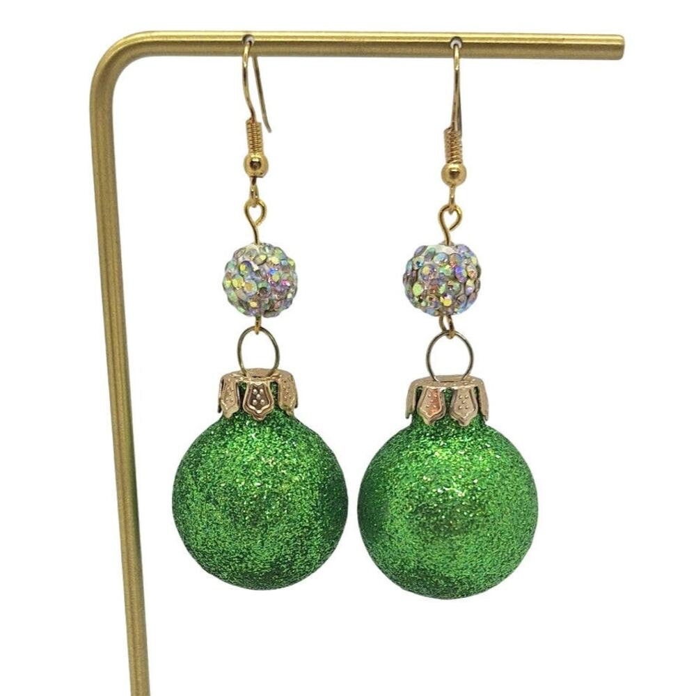 Green Sparkle Ball Christmas Ornament Earrings Shambala Beads